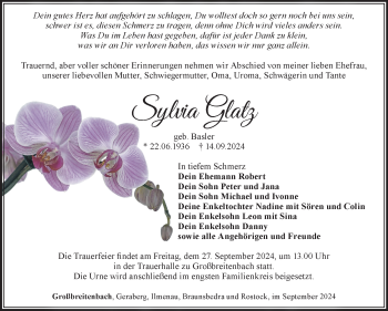 Traueranzeige von Sylvia Glatz von Südthüringer Presse