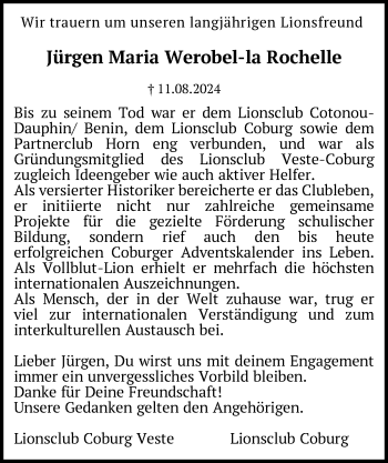 Traueranzeige von Jürgen Maria Werobel-la Rochelle von Neue Presse Coburg