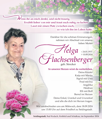 Traueranzeige von Helga Flachsenberger von Südthüringer Presse
