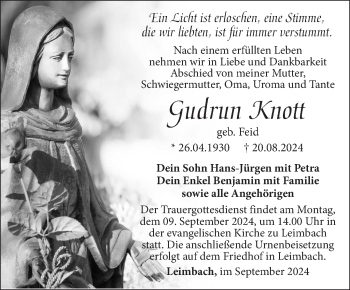 Traueranzeige von Gudrun Knott von Südthüringer Presse