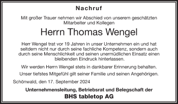 Traueranzeige von Thomas Wengel von Frankenpost