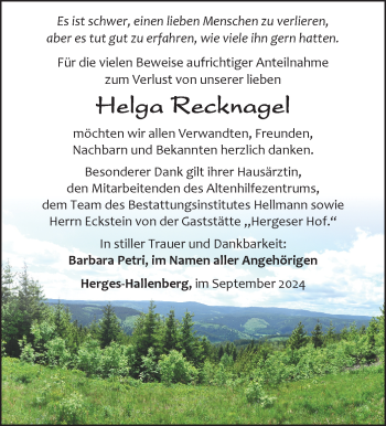 Traueranzeige von Helga Recknagel von Südthüringer Presse