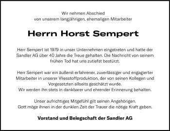 Traueranzeige von Horst Sempert von Frankenpost
