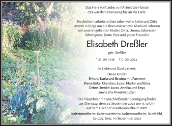 Traueranzeige von Elisabeth Dreßler von Südthüringer Presse