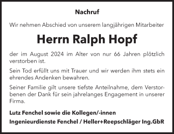 Traueranzeige von Ralph Hopf von Südthüringer Presse
