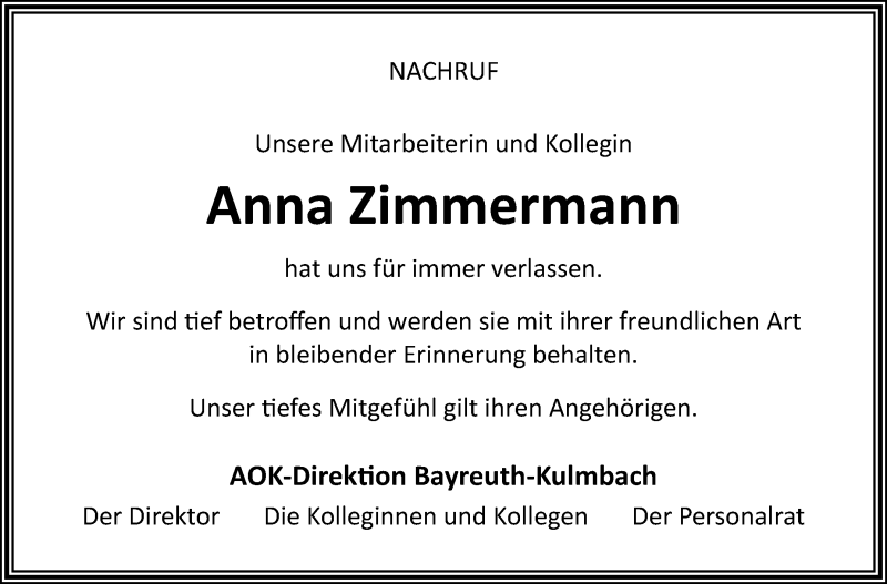  Traueranzeige für Anna Zimmermann vom 14.09.2024 aus Frankenpost