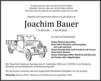 Traueranzeige von Joachim Bauer von Südthüringer Presse