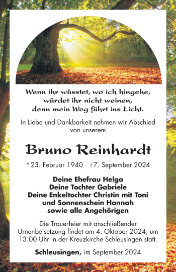 Traueranzeige von Bruno Reinhardt von Südthüringer Presse