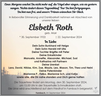 Traueranzeige von Elsbeth Roth von Südthüringer Presse