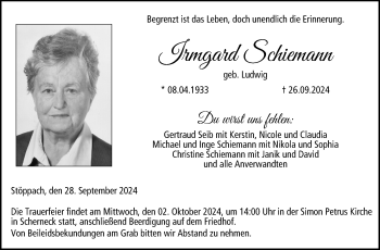Traueranzeige von Irmgard Schiemann von Neue Presse Coburg