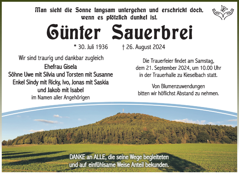  Traueranzeige für Günter Sauerbrei vom 14.09.2024 aus Südthüringer Presse