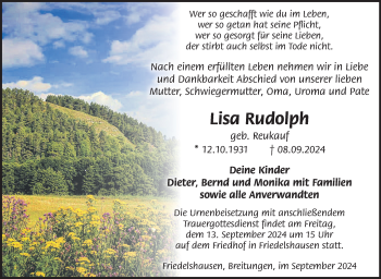 Traueranzeige von Lisa Rudolph von Südthüringer Presse