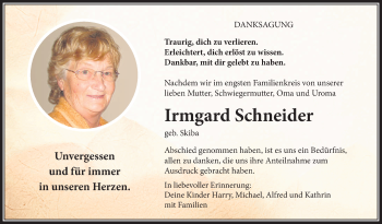 Traueranzeige von Irmgard Schneider von Südthüringer Presse
