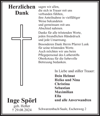 Traueranzeige von Inge Spörl von Frankenpost