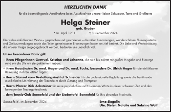 Traueranzeige von Helga Steiner von Neue Presse Coburg