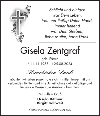 Traueranzeige von Gisela Zentgraf von Südthüringer Presse