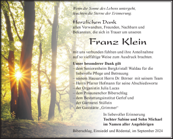 Traueranzeige von Franz Klein von Südthüringer Presse