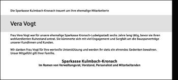 Traueranzeige von Vera Vogt von Neue Presse Coburg