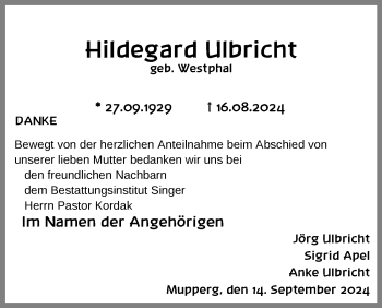 Traueranzeige von Hildegard Ulbricht von Südthüringer Presse