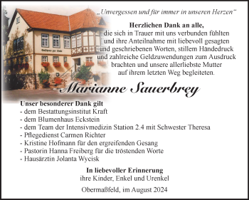 Traueranzeige von Marianne Sauerbrey von Südthüringer Presse