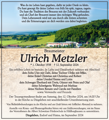 Traueranzeige von Ulrich Metzler von Südthüringer Presse