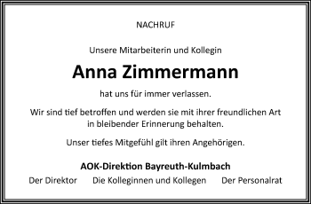 Traueranzeige von Anna Zimmermann von Frankenpost