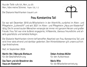 Traueranzeige von Konstantina Tali von Frankenpost