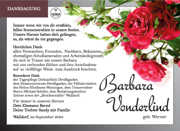 Traueranzeige von Barbara Vonderlind von Südthüringer Presse