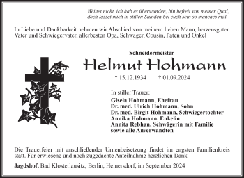Traueranzeige von Helmut Hohmann von Südthüringer Presse