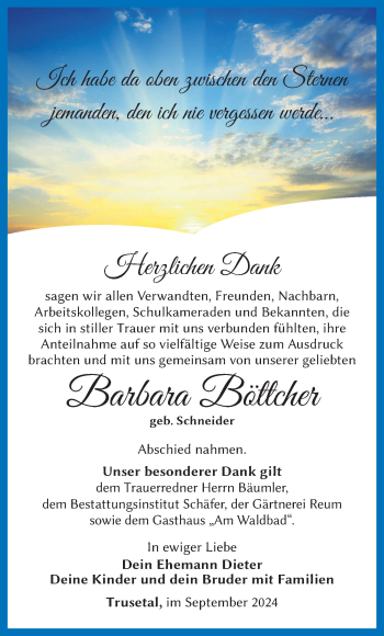 Traueranzeige von Barbara Böttcher von Südthüringer Presse