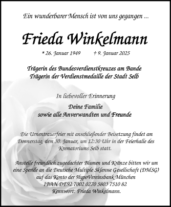 Traueranzeige von Frieda Winkelmann von Frankenpost