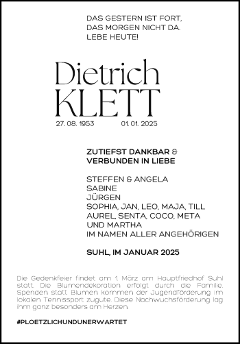 Traueranzeige von Dietrich Klett von Südthüringer Presse