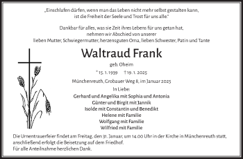Traueranzeige von Waltraud Frank von Frankenpost