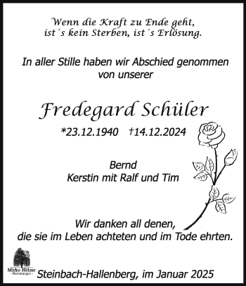 Traueranzeige von Fredegard Schüler von Südthüringer Presse