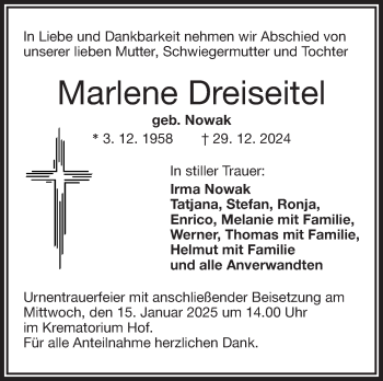 Traueranzeige von Marlene Dreiseitel von Frankenpost