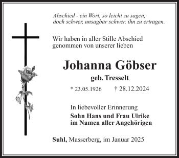 Traueranzeige von Johanna Göbser von Südthüringer Presse