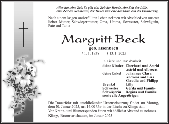 Traueranzeige von Margritt Beck von Südthüringer Presse