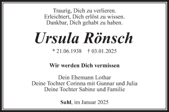 Traueranzeige von Ursula Rönsch von Südthüringer Presse