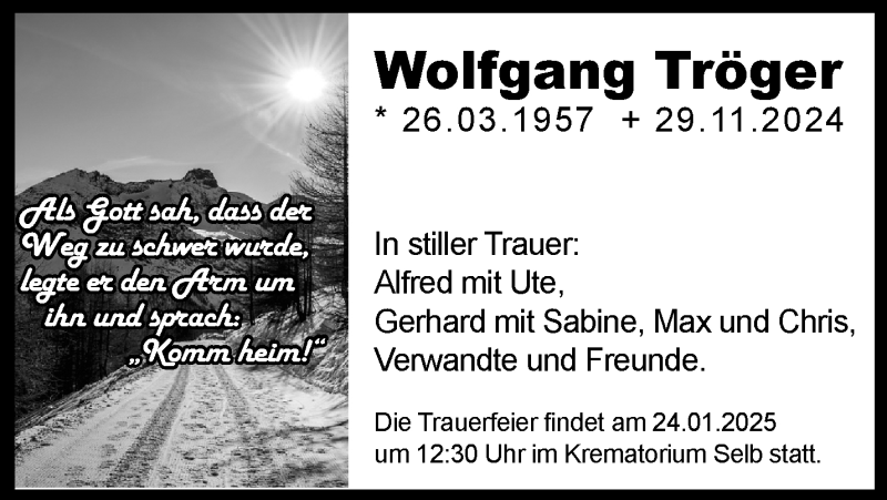  Traueranzeige für Wolfgang Tröger vom 18.01.2025 aus Frankenpost