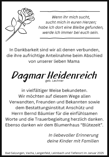 Traueranzeige von Dagmar Heidenreich von Südthüringer Presse