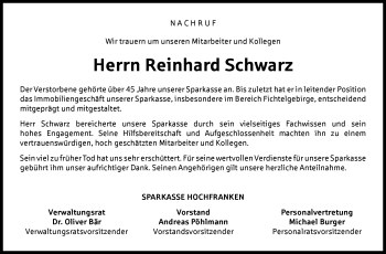 Traueranzeige von Reinhard Schwarz von Frankenpost