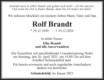 Traueranzeige von Rolf Brandt von Südthüringer Presse
