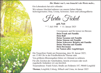 Traueranzeige von Herta Fickel von Südthüringer Presse