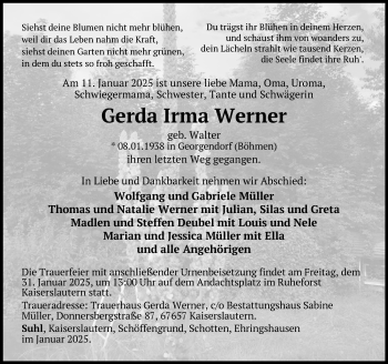 Traueranzeige von Gerda Werner von Südthüringer Presse
