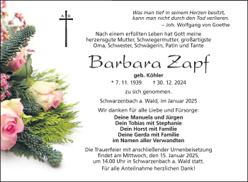 Traueranzeige von Barbara Zapf von Frankenpost