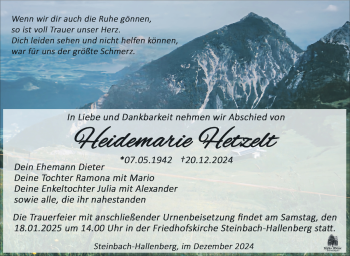 Traueranzeige von Heidemarie Hetzelt von Südthüringer Presse