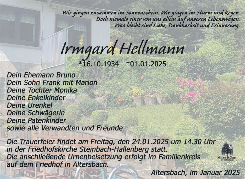 Traueranzeige für Irmgard Hellmann vom 18.01.2025 aus Südthüringer Presse
