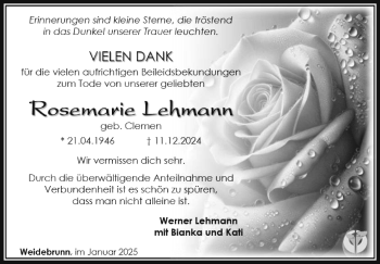 Traueranzeige von Rosemarie Lehmann von Südthüringer Presse