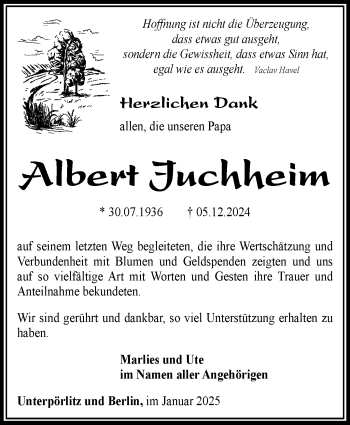Traueranzeige von Albert Juchheim von Südthüringer Presse