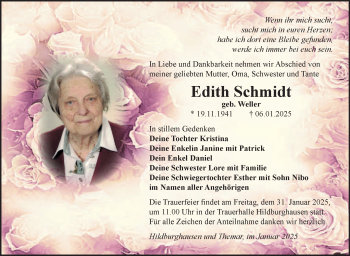 Traueranzeige von Edith Schmidt von Südthüringer Presse